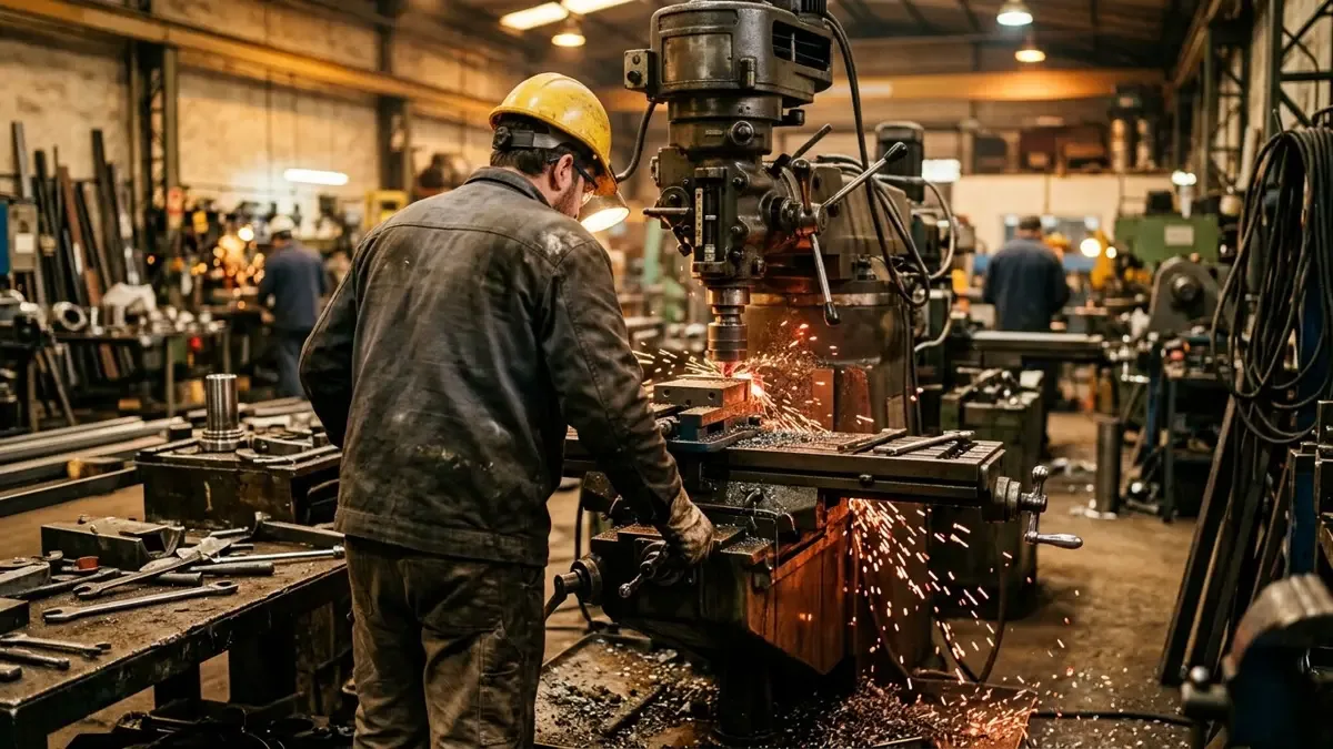 Obrero de espaldas operando una máquina en un taller metalúrgico