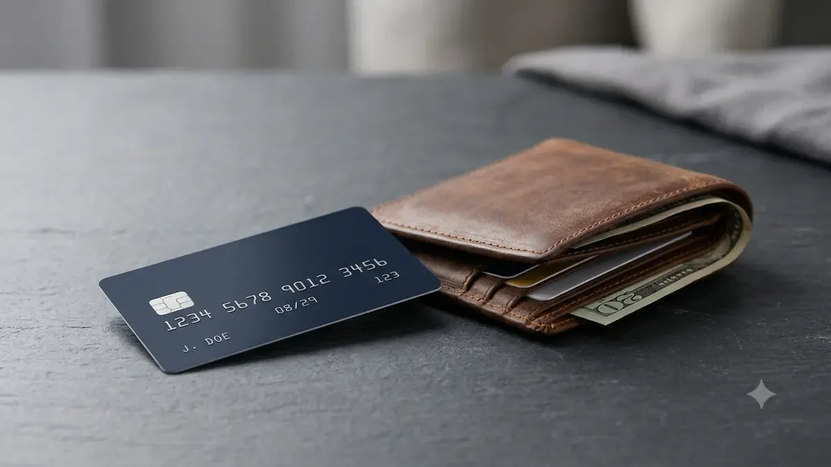 Tarjeta de crédito genérica sobre una mesa junto a una billetera